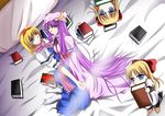  2girls alice_margatroid bed blonde_hair blue_eyes book crescent female hand_holding long_hair multiple_girls pandora_(angelfeather-heart) patchouli_knowledge pillow purple_eyes purple_hair short_hair touhou very_long_hair 