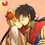  1girl aki_(neyuki41028) bishoujo_senshi_sailor_moon black_hair blonde_hair bug butterfly carrying closed_eyes flower formal hair_flower hair_ornament imminent_kiss insect juuban_high_school_uniform long_hair necktie ponytail princess_carry rose school_uniform seiya_kou serafuku suit tsukino_usagi twintails 