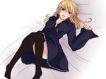  black_dress black_legwear blonde_hair blush breasts cassock cleavage cross cross_necklace dress edge_(ens18) fate/protoreplica fate/stay_night fate_(series) genderswap gilgamesh jewelry knees_together_feet_apart long_hair lying necklace on_back red_eyes solo thighhighs 