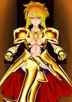  armor blonde_hair breasts crossed_legs earrings fate/stay_night fate/zero fate_(series) faulds full_armor gauntlets genderswap gilgamesh greaves hair_ornament hairclip highres jewelry long_hair navel necklace pauldrons red_eyes sitting skirt smirk solo tattoo throne tomoki_(tyamorarara) 