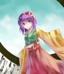  bow dress flower hair_bow hair_flower hair_ornament hieda_no_akyuu japanese_clothes kimono purple_eyes purple_hair short_hair smile solo tong_(841255312) touhou 