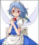  bad_id bad_pixiv_id ballpoint_pen_(medium) bespectacled blue_hair border bow fairy_maid glasses hair_bow hands_together looking_at_viewer maid_headdress marker_(medium) own_hands_together pastel_(medium) pointy_ears puffy_sleeves red_eyes s-syogo shikishi simple_background skirt smile solo touhou traditional_media wings 