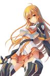  black_legwear braid breasts culture_japan hair_ornament large_breasts long_hair mirai_millennium orange_eyes orange_hair panties pinakes skirt solo suenaga_mirai sword thighhighs twin_braids underwear weapon white_panties 