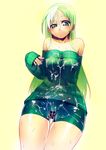  asakawa_remon bare_shoulders bike_shorts bukkake cum cum_on_clothes green_eyes green_hair green_shirt highres long_hair original shirt solo sweater 