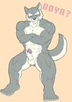  anthro balls biceps big_muscles big_penis blush canine crossed_arms doya erection fur grey_fur male mammal muscles nude pecs penis pose sitting solo vein white_fur wolf 