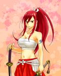  abstract_background bow breasts brown_eyes collarbone dual_wielding erza_scarlet fairy_tail hair_bow hakama highres holding japanese_clothes kingyo_(984) large_breasts long_hair midriff navel ponytail red_hair red_hakama sarashi smile solo sword tattoo weapon 