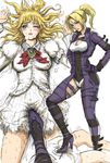  2girls between_legs blonde_hair blue_eyes crying defeat defeated drooling emilie_de_rochefort green_eyes lili_(tekken) lipstick looking_down lying makeup multiple_girls neongun nina_williams on_back ponytail stepped_on tears tekken trample trampling wink 