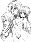  arms_behind_back bare_shoulders blush breasts cleavage dress fate/stay_night fate/zero fate_(series) genderswap gilgamesh greyscale large_breasts lineart long_hair monochrome re-ema 
