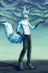  abs anthro blue blue_fur canine chaoticicewolf clothed clothing collar fur hair koorimizu male mammal rain solo wolf wolfy 