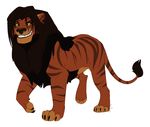  brown_fur brown_hair claws feline feral fur green_eyes hair hybrid knon liger lion_king_style male mammal mane notched_ear original_character plain_background smirk solo stripes tail_tuft tuft white_background 