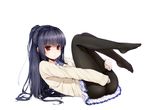  ass black_hair black_legwear covering covering_crotch deliverer! feet highres long_hair looking_at_viewer lying mikogami_mikoto no_shoes on_back pantyhose red_eyes school_uniform solo sweater thighband_pantyhose uttt 