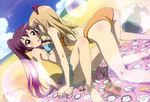  absurdres ass ball barefoot beach beachball bikini brand_name_imitation cloud day food highres holding_hands kneepits lens_flare multiple_girls nyantype official_art ojiri_shin'ya orange_swimsuit outdoors pocky pocky_kiss scan shared_food sky sparkle sugiura_ayano swimsuit toshinou_kyouko yuri yuru_yuri 