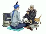  animal animal_on_head archer blue_hair casual cat cat_on_head crimo dark_skin dark_skinned_male fate/stay_night fate_(series) grey_eyes lancer long_hair male_focus multiple_boys on_head ponytail red_eyes white_hair 