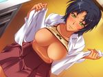  black_hair black_rainbow blush breasts dark_skin game_cg green_eyes indoors kouno_takako large_breasts looking_at_viewer nipples open_clothes open_shirt school_uniform shirt short_hair skirt smile solo undressing ura_saiminjutsu_2 