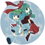  blue_hair front_ponytail green_eyes green_hair hair_bobbles hair_ornament kagiyama_hina kawashiro_nitori key long_hair looking_at_viewer misaki_(1n1m) multiple_girls open_mouth sleeves_rolled_up smile touhou 