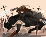  bad_id bad_pixiv_id black_keys boots brown_hair cassock cross cross-laced_footwear cross_necklace dual_wielding fate/zero fate_(series) field_of_blades fighting_stance garter_straps genderswap genderswap_(mtf) holding jewelry knee_boots kotomine_kirei lace-up_boots long_hair long_skirt nagoneharuki necklace planted_sword planted_weapon skirt solo sword thighhighs weapon 