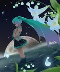  aqua_hair bare_shoulders closed_eyes flower from_side full_moon gradient_hair hands_on_own_chest hatsune_miku highres hobby_(kento) long_hair moon multicolored_hair necktie petals profile ripples skirt solo standing twintails very_long_hair vocaloid wading water wind 