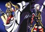  2girls blonde_hair character_request feather feathers multiple_girls pandora_(angelfeather-heart) sword twintails weapon white_hair wings 