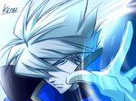  blue_eyes character_name coat expressionless keith_evans male_focus psychic_force sisido_(black_candy) solo spiked_hair white_background white_hair 