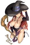  armpits breasts brown_eyes brown_hair character_name cleavage copyright_name detached_sleeves dragon's_crown dress from_above hand_on_headwear hat kneeling large_breasts long_hair mikurou_(nayuta) simple_background solo sorceress_(dragon's_crown) staff strapless strapless_dress white_background witch_hat 