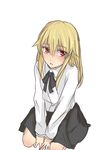  blonde_hair blush edge_(ens18) fate/protoreplica fate/stay_night fate/zero fate_(series) genderswap genderswap_(mtf) gilgamesh long_hair red_eyes school_uniform seiza sitting skirt 