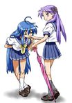  ahoge arm_behind_back blue_eyes blue_hair bowing closed_eyes closed_umbrella full_body hair_ribbon hand_kiss hiiragi_kagami hisakawa_riho izumi_konata kiss long_hair lucky_star multiple_girls planted_umbrella purple_hair ribbon simple_background umbrella yuri 