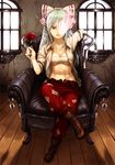  boots bow breasts chair cross-laced_footwear crossed_legs flower fujiwara_no_mokou full_body hair_bow indoors medium_breasts nail_polish ninny-world open_clothes open_shirt pants rose sarashi shirt sitting sleeves_rolled_up solo touhou window 