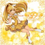  bike_shorts blonde_hair boots bow chibimame choker cure_peace hair_flaps kise_yayoi long_hair magical_girl open_mouth ponytail precure shorts shorts_under_skirt skirt smile smile_precure! solo text_focus tiara translated v wrist_cuffs yellow yellow_bow yellow_eyes yellow_shorts yellow_skirt 