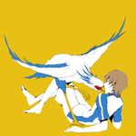  bad_id bad_pixiv_id barefoot bird brown_hair fuji_shuusuke full_body male_focus secretarybird shiro_(reptil) simple_background solo tennis_no_ouji-sama 