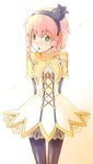 1girl alfa_system braid breasts capelet cleavage dress green_eyes hairband open_mouth pantyhose pasca_kanonno pink_hair short_hair tales_of_(series) tales_of_the_world_radiant_mythology 