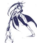  1girl armor bodysuit female honda_futayo kyoukai_senjou_no_horizon kyoukaisenjou_no_horizon mayumelo monochrome polearm ponytail solo spear weapon 