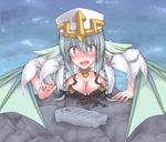  aqua_hair blush braid breasts cleavage embarrassed full-face_blush hat head_fins large_breasts long_hair monster_girl monster_girl_encyclopedia ocean open_mouth red_eyes sea_bishop shiramine_nadare side_braid solo stone_tablet sweatdrop twin_braids water 