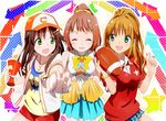  bad_id bad_pixiv_id baseball baseball_cap blush brown_hair closed_eyes football gochou_(atemonai_heya) green_eyes hair_ornament hairclip hat himekawa_yuki hino_akane_(idolmaster) idolmaster idolmaster_cinderella_girls long_hair multiple_girls open_mouth pom_poms ponytail school_uniform short_hair skirt smile wakabayashi_tomoka 