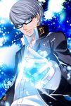  argent-ag blue_fire fire glasses grey_eyes grey_hair highres houndstooth male_focus narukami_yuu persona persona_4 school_uniform solo 