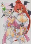  alternate_costume alternate_hairstyle bat_wings border breasts cleavage curvy enmaided garter_straps head_wings koakuma large_breasts leaning_forward long_hair maid marker_(medium) pink_background red_hair simple_background smile solo thighhighs touhou traditional_media uneven_eyes very_long_hair white_border white_legwear wings wrist_cuffs yutakasan-love 