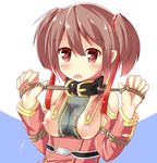  bare_shoulders bdsm blush bondage bound bound_arms breasts brown_hair collar cuffs-to-collar hair_ribbon highres kimamani lactation medium_breasts nipples open_mouth red_eyes ribbon rope short_hair short_twintails silica solo sword_art_online twintails 