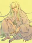  androgynous enkidu_(fate/strange_fake) fate/strange_fake fate_(series) green_eyes green_hair kkkkilth long_hair male_focus robe solo yellow_background 