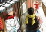  2boys 96nyako bad_id bad_pixiv_id brown_eyes brown_hair bun_cover coat double_bun gintama glasses japanese_clothes kagura_(gintama) multiple_boys red_eyes red_hair running sakata_gintoki scarf shimura_shinpachi silver_hair snow snowing white_hair 