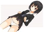  amagami black_hair blazer bob_cut brown_eyes dutch_angle jacket midriff nanabuluku nanasaki_ai naughty_face panties pantyshot school_uniform short_hair skirt skirt_lift smile solo striped striped_background sweater_vest underwear 