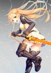  :d blonde_hair blush braid breasts culture_japan fingerless_gloves gloves holding long_hair medium_breasts mirai_millennium open_mouth otosume_ruiko single_braid smile solo suenaga_mirai sword thighhighs weapon wind yellow_eyes 