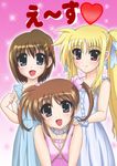  bare_shoulders blonde_hair blue_eyes blush brown_hair choker dress fate_testarossa hair_ribbon hand_on_shoulder heart highres long_hair lyrical_nanoha mahou_shoujo_lyrical_nanoha mahou_shoujo_lyrical_nanoha_a's mahou_shoujo_lyrical_nanoha_the_movie_2nd_a's multiple_girls open_mouth ouse_riruka purple_eyes red_eyes ribbon short_hair short_twintails smile sparkle takamachi_nanoha twintails yagami_hayate 