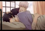  bad_id bad_pixiv_id bandages bed black_eyes black_hair feiqiuxuan gintama grey_hair hijikata_toushirou male_focus multiple_boys red_eyes sakata_gintoki silver_hair 