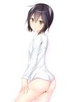  absurdres ass bad_id bad_pixiv_id black_hair bottomless cowboy_shot dacchi dress_shirt embarrassed from_side hair_between_eyes highres inaba_himeko kokoro_connect looking_at_viewer looking_back shirt short_hair simple_background solo white_background 