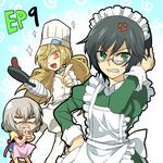  alternate_costume anger_vein angry apron background_text binbougami_ga! black_hair blonde_hair cast chef_hat chibi cooking flipping_food food frying_pan green_eyes hair_over_one_eye hand_on_head hand_on_hip hat holding_pizza kuroyuri_(binbougami_ga!) long_hair maid maid_headdress messy_hair momiji_(binbougami_ga!) monocle multiple_girls open_mouth pizza rex_k sakura_ichiko short_hair smile sparkle standing tears toque_blanche 