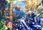  air_bubble blonde_hair blue_eyes bubble building cityscape dlkdhy dress floating_hair flower lantern long_hair open_mouth original solo submerged sunlight underwater 