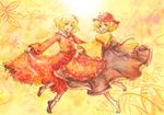  :d aki_minoriko aki_shizuha autumn_leaves barefoot blonde_hair hair_ornament hat leaf_hair_ornament looking_at_viewer multiple_girls murach open_mouth red_eyes short_hair siblings sisters skirt skirt_hold skirt_set smile touhou traditional_media watercolor_(medium) yellow_eyes 