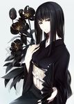  black_eyes black_hair black_kimono erise fan flower folding_fan highres japanese_clothes kimono long_hair looking_at_viewer obi original sash sitting smile solo 