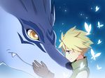  blonde_hair blue_eyes bug butterfly digimon digimon_adventure fangs garurumon gloves glowing insect ishida_yamato tsubasa0609 wolf yellow_eyes 