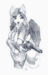  canine clothing female fleur-de-lis fleur_de_lis greyscale gun hair jewelry makosushi mammal marli_(character) monochrome necklace plain_background ranged_weapon revolver solo weapon white_background wings wolf 