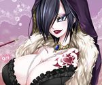 1girl black-mamba black_hair breasts cleavage eyeshadow hair_over_one_eye heart huge_breasts jewelry large_breasts lipstick looking_at_viewer madame_shirley makeup necklace one_piece pearl red_lipstick sharp_teeth short_hair slit_pupils smoking_pipe solo tattoo 
